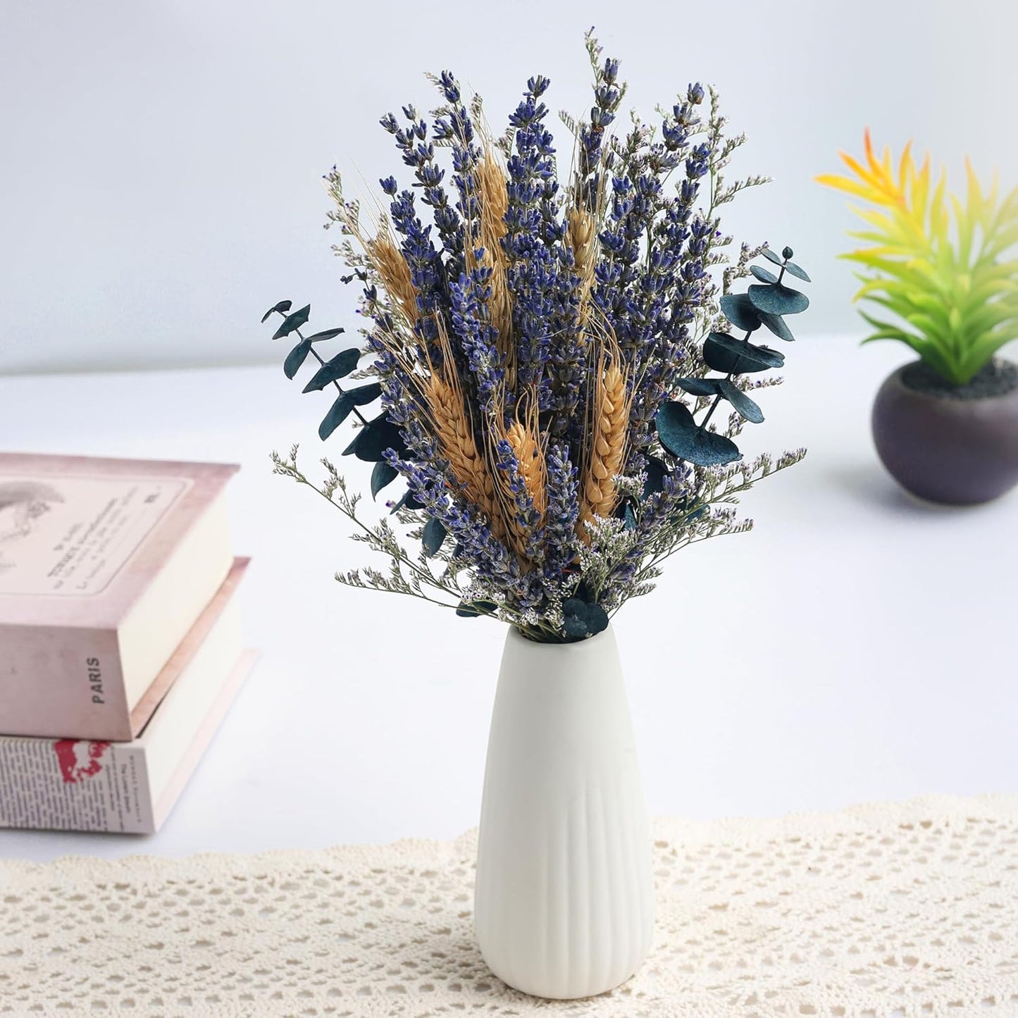 Lavender Bouquets with Vases, Dried Flower Bouquets with Ceramic Vases, Wedding Party Decorations, Farmhouse Decorations, Wedding Table Centerpieces (Lavender)