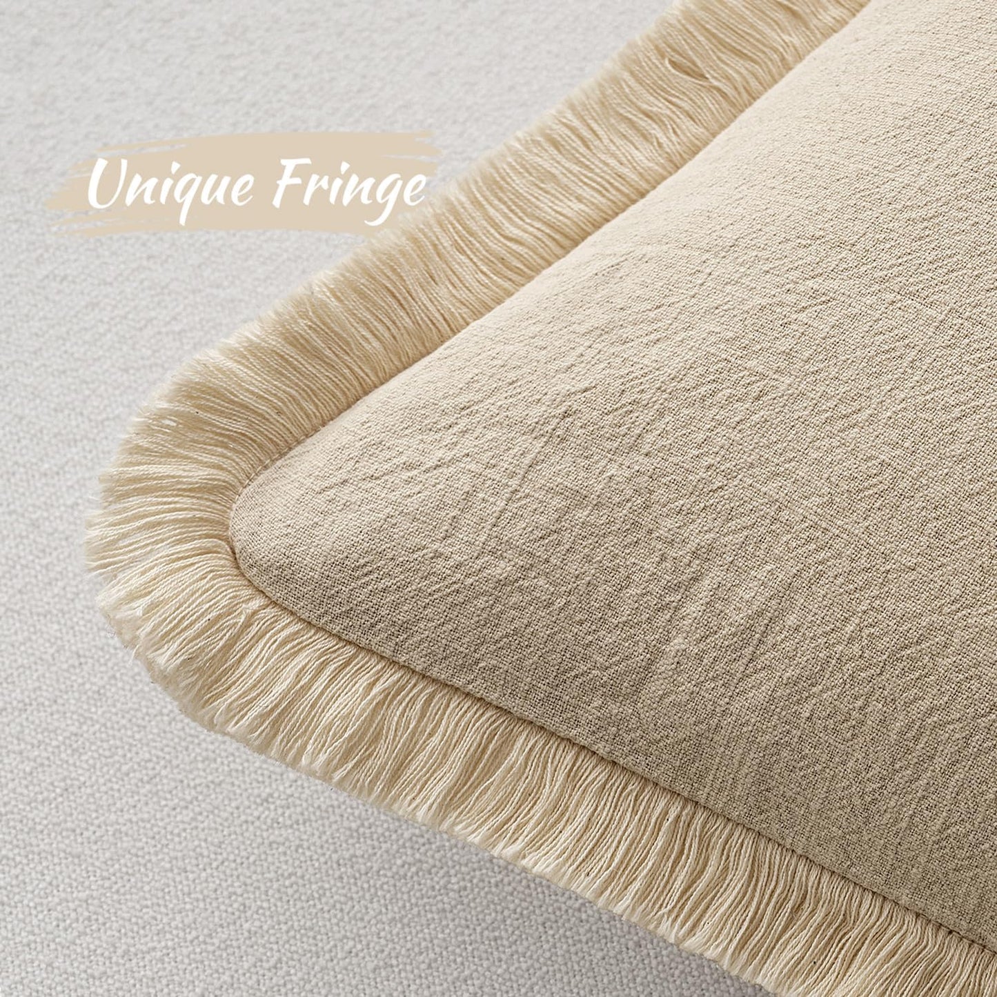 Decorative Throw Pillow Covers Neutral Linen Fringe Throw Pillows Set of 2 Beige Boho Farmhouse Cushion Covers with Tassels for Couch Sofa Bed Living Room Spring Home Decor 18X18 Inch