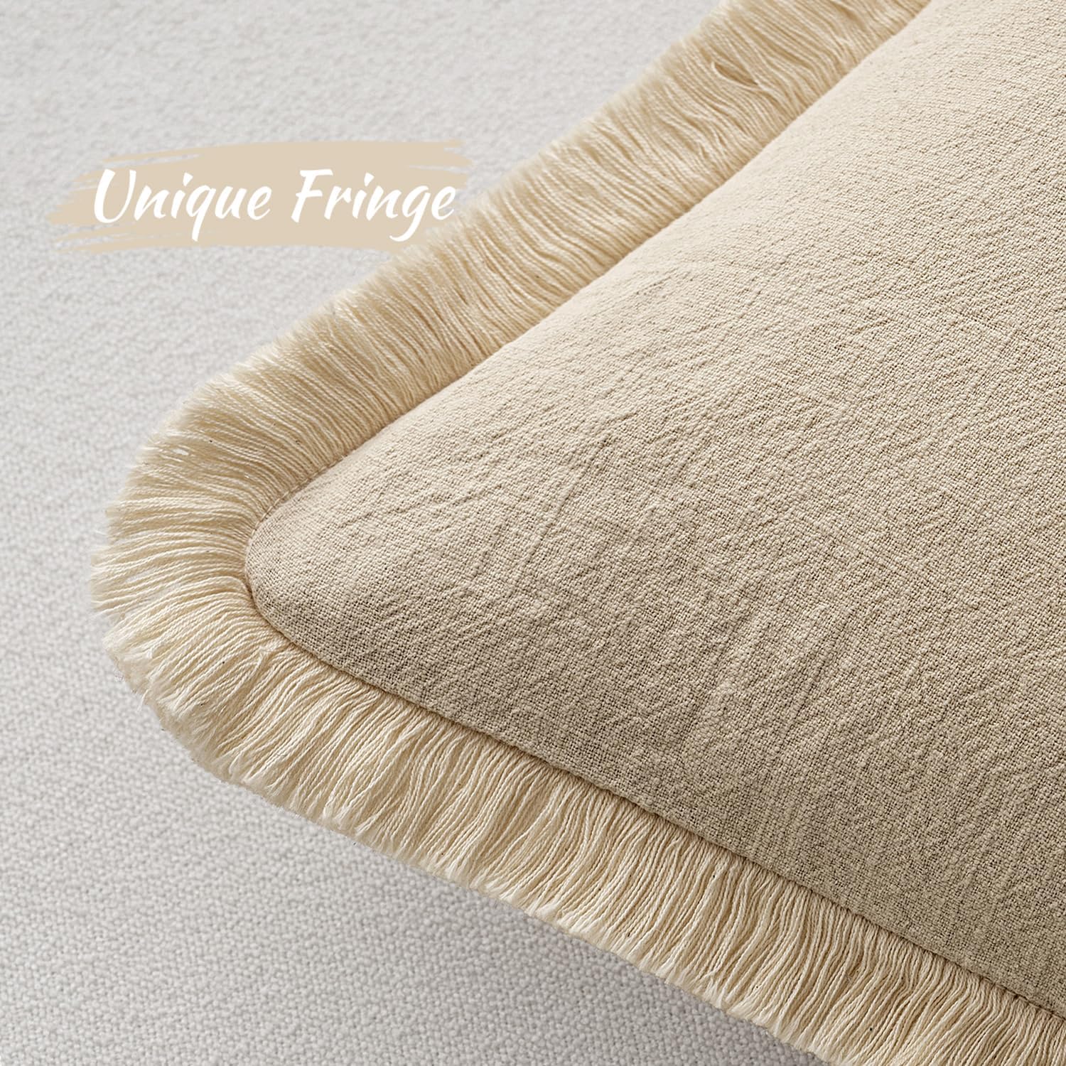 Decorative Throw Pillow Covers Neutral Linen Fringe Throw Pillows Set of 2 Beige Boho Farmhouse Cushion Covers with Tassels for Couch Sofa Bed Living Room Spring Home Decor 18X18 Inch
