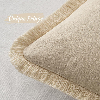 Decorative Throw Pillow Covers Neutral Linen Fringe Throw Pillows Set of 2 Beige Boho Farmhouse Cushion Covers with Tassels for Couch Sofa Bed Living Room Spring Home Decor 18X18 Inch