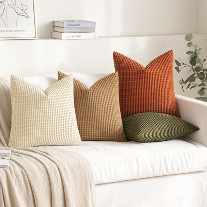 Modern Farmhouse Decorative Pillow Covers 18X18 Inch Set of 4 Natural Rustic Throw Pillows Neutral Warm Soft Corduroy Couch Pillowcases Home Decor for Sofa Living Room Bed Brown Green