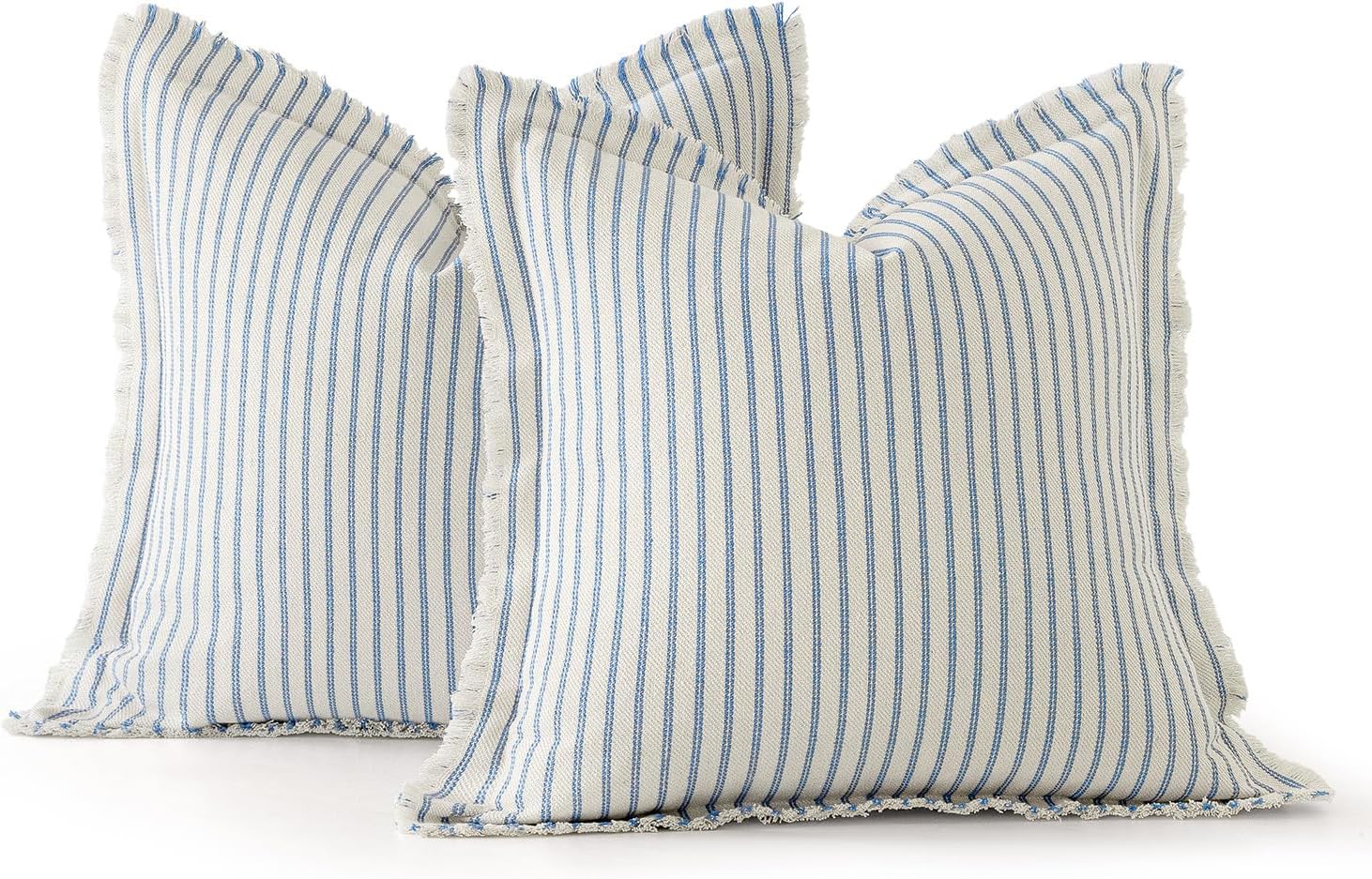 Pack of 2 Light Blue Pillow Covers 20X20 Inch Striped Farmhouse Couch Spring Throw Pillow Covers with Fringe Chic Cotton Decorative Cushion Covers for Sofa Living Room Bed Outdoor Home Decor
