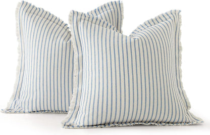 Pack of 2 Light Blue Pillow Covers 20X20 Inch Striped Farmhouse Couch Spring Throw Pillow Covers with Fringe Chic Cotton Decorative Cushion Covers for Sofa Living Room Bed Outdoor Home Decor