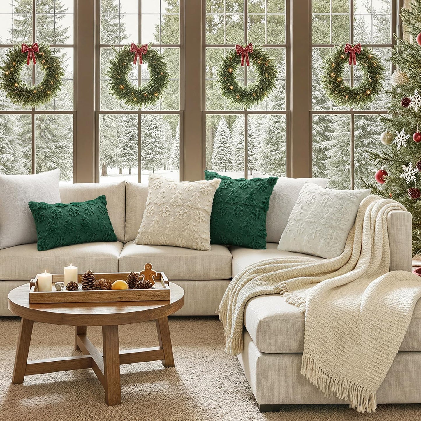 Christmas Throw Pillow Covers 18X18 Set of 2 Christmas Decorations Dark Green Soft Plush Faux Fur Wool Xmas Tree Snowflakes Pillowcases Holiday Festivals Winter Home Decor Sofa Couch Bed Porch