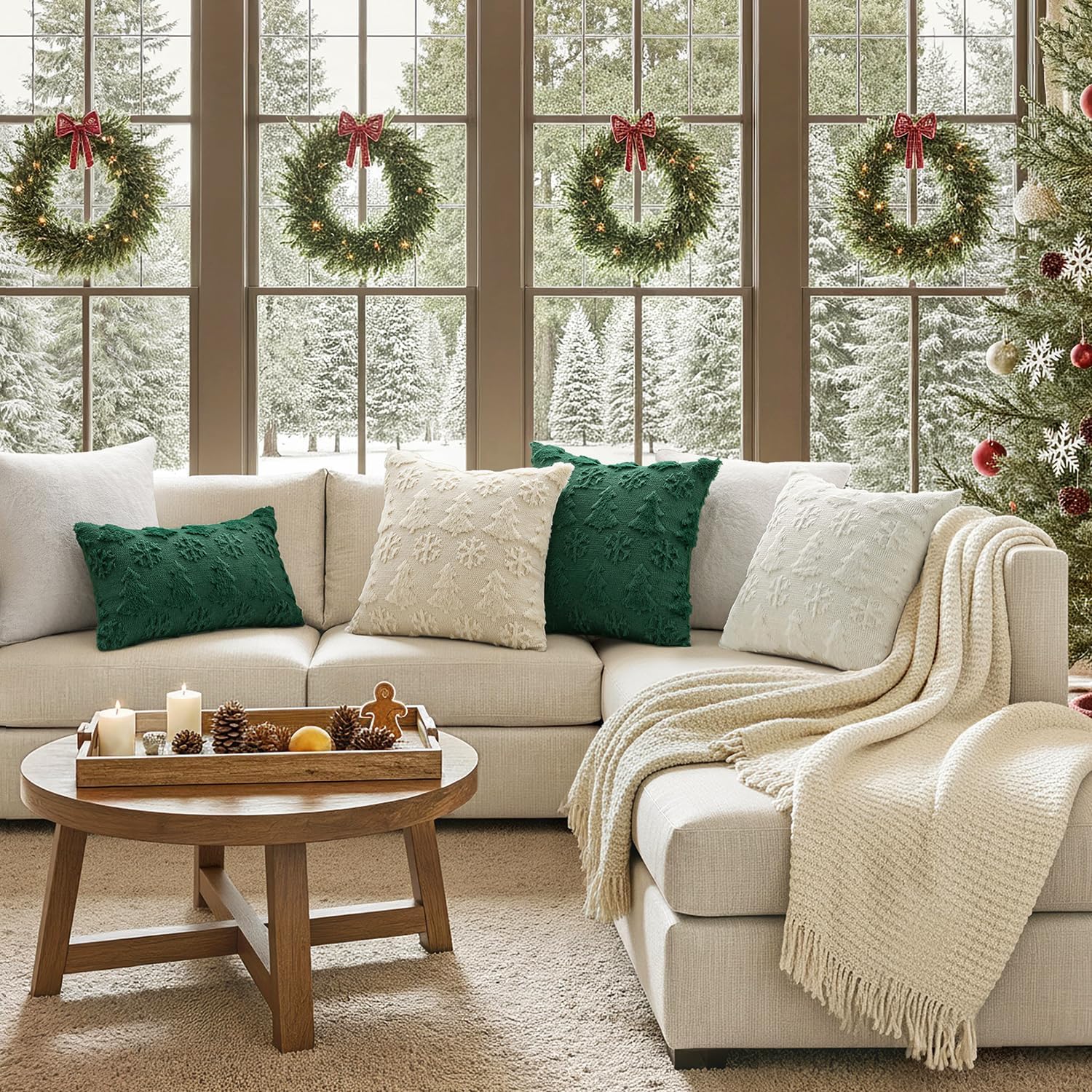 Christmas Throw Pillow Covers 18X18 Set of 2 Christmas Decorations Dark Green Soft Plush Faux Fur Wool Xmas Tree Snowflakes Pillowcases Holiday Festivals Winter Home Decor Sofa Couch Bed Porch