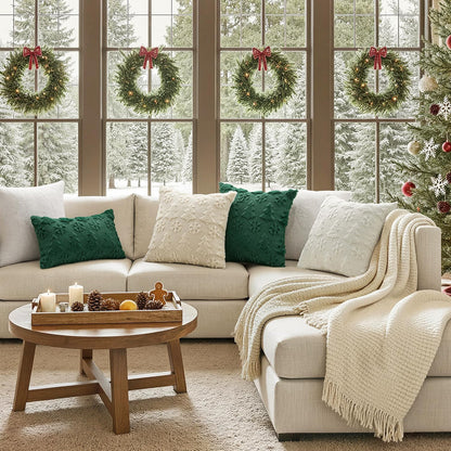 Christmas Throw Pillow Covers 18X18 Set of 2 Christmas Decorations Dark Green Soft Plush Faux Fur Wool Xmas Tree Snowflakes Pillowcases Holiday Festivals Winter Home Decor Sofa Couch Bed Porch