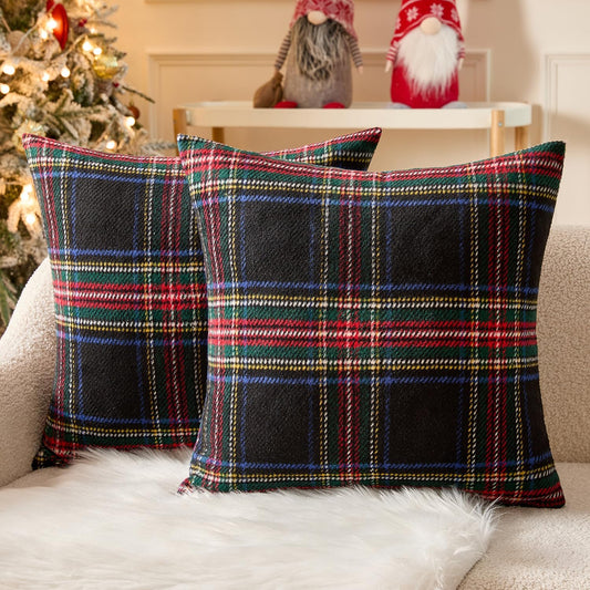 Christmas Plaid Decorative Throw Pillow Covers Set of 2 Scottish Tartan Vintage Farmhouse Winter Cuhion Case Pillow Covers for Couch Livingroom Sofa Bed Porch Home Decor 18X18Inch Black