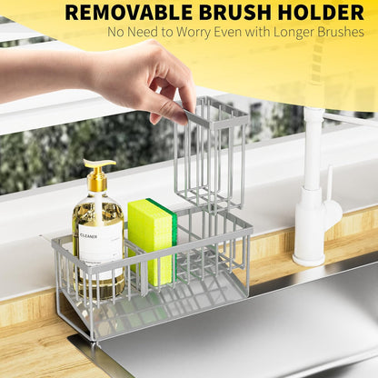 Sink Caddy Organzier with High Brush Holder, Sponge Holder for Sink, 304 Rustproof Stainless, Kitchen Countertop Soap Dispenser Organizer, Gray Kitchen Decor and Accessories