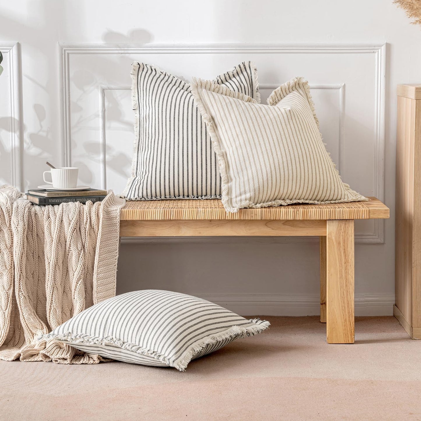 Pack of 2 Khaki Pillow Covers 20X20 Inch Striped Farmhouse Couch Throw Pillow Covers with Fringe Chic Linen Decorative Cushion Covers for Sofa Living Room Bed Outdoor Home Decor