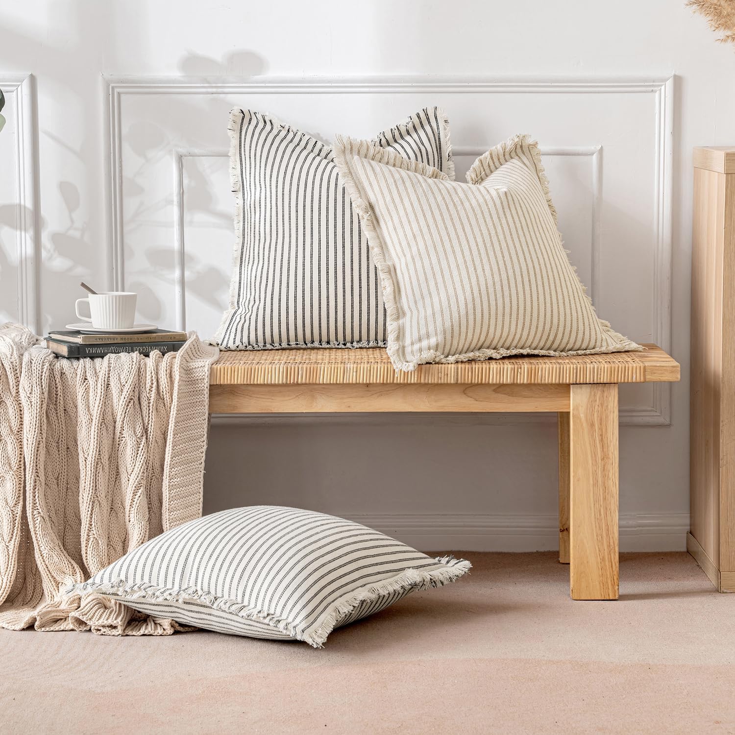 Pack of 2 Khaki Pillow Covers 20X20 Inch Striped Farmhouse Couch Throw Pillow Covers with Fringe Chic Linen Decorative Cushion Covers for Sofa Living Room Bed Outdoor Home Decor