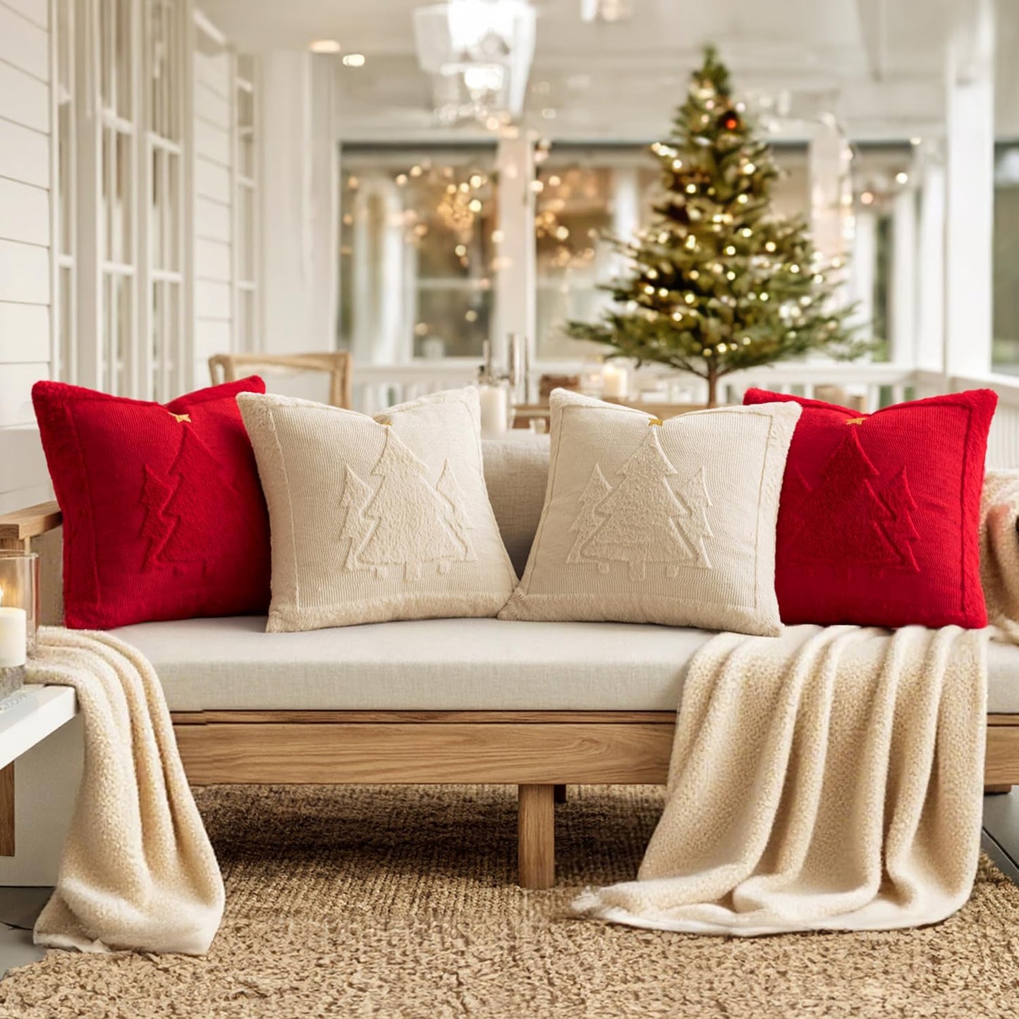 Christmas Trees Pillow Covers Set of 2 Decorative Soft Throw Pillows Plush Faux Fur Wool Embroidered Couch Cushion for Holiday Winter Home Decor Chair Sofa Bedroom Living Room,Red 18X18Inch