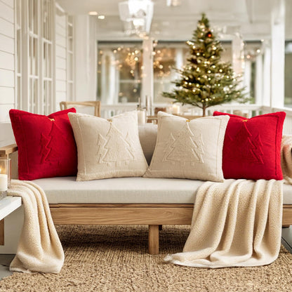 Christmas Trees Pillow Covers Set of 2 Decorative Soft Throw Pillows Plush Faux Fur Wool Embroidered Couch Cushion for Holiday Winter Home Decor Chair Sofa Bedroom Living Room,Red 18X18Inch