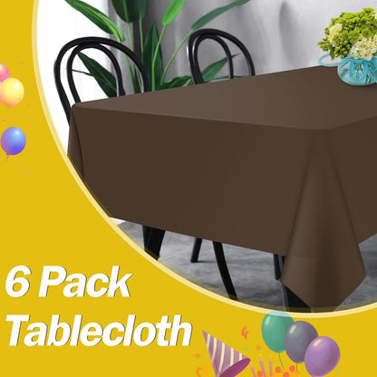 Brown 6 Pack Plastic Table Cloth 54" X 108", Disposable Tablecloths Rectangle Table Cover, Plastic Tablecloths for Parties