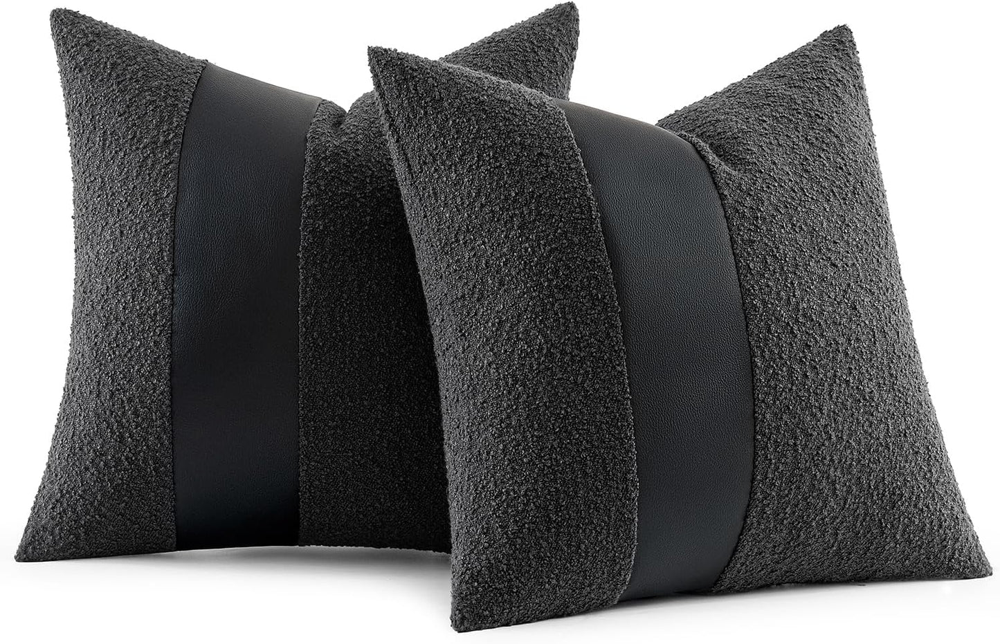 Boucle Throw Pillow Covers 18X18 Inch Set of 2 Black Faux Leather Textured Decorative Pillow Cases Boho Farmhouse Accents Cushion Covers for Couch Bed Livingroom Home Decor