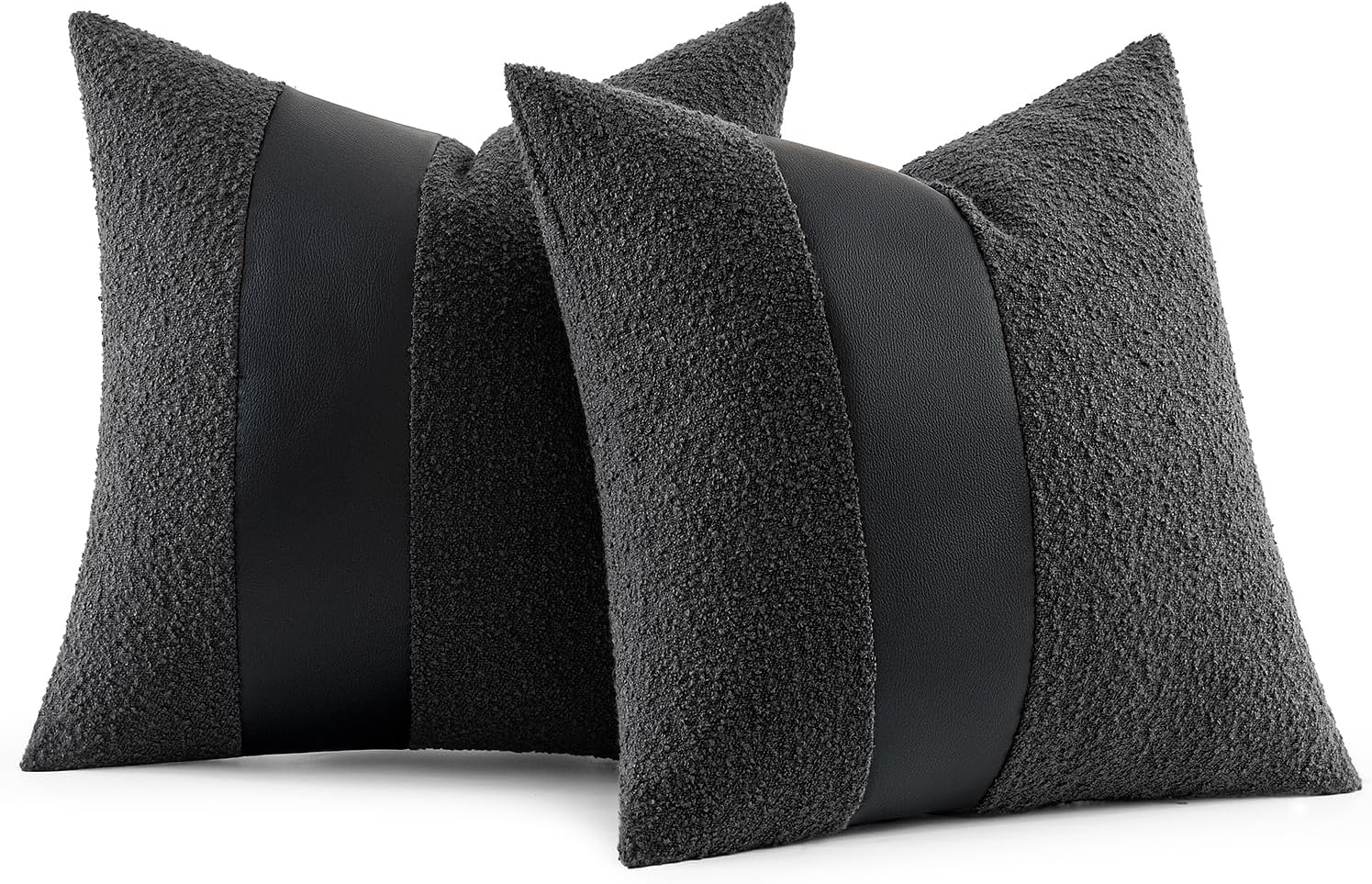 Boucle Throw Pillow Covers 18X18 Inch Set of 2 Black Faux Leather Textured Decorative Pillow Cases Boho Farmhouse Accents Cushion Covers for Couch Bed Livingroom Home Decor