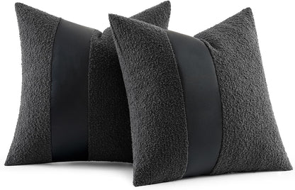 Boucle Throw Pillow Covers 18X18 Inch Set of 2 Black Faux Leather Textured Decorative Pillow Cases Boho Farmhouse Accents Cushion Covers for Couch Bed Livingroom Home Decor