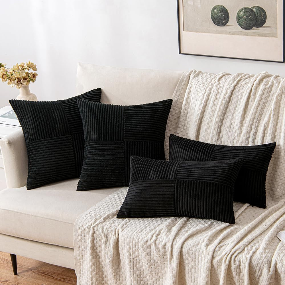 Black Corduroy Decorative Pillow Covers - Set of 2, 18x18 Inch Soft Solid Textured Cushion Covers with Cross Patchwork for Living Room and Sofa
