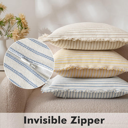 Pack of 2 Light Blue Pillow Covers 20X20 Inch Striped Farmhouse Couch Spring Throw Pillow Covers with Fringe Chic Cotton Decorative Cushion Covers for Sofa Living Room Bed Outdoor Home Decor