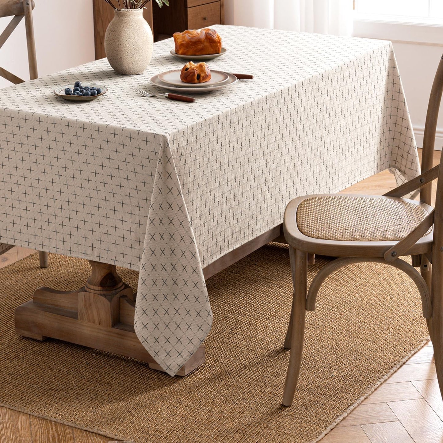 Natural Beige Linen Table Cloth Rectangle Tablecloth Waterproof Spillproof Cross-Star Textured Table Cloth, Decorative Rustic Farmhouse Style for Dining/Party/Buffet/Wedding,52X70 Inch