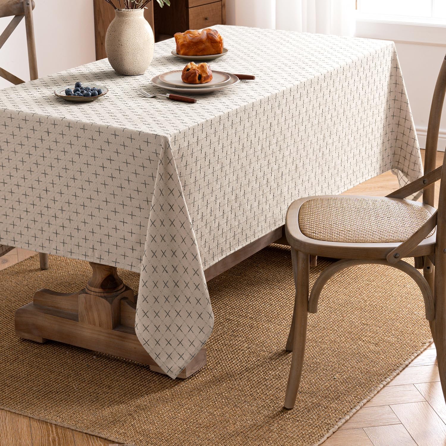 Natural Beige Linen Table Cloth Rectangle Tablecloth Waterproof Spillproof Cross-Star Textured Table Cloth, Decorative Rustic Farmhouse Style for Dining/Party/Buffet/Wedding,52X70 Inch
