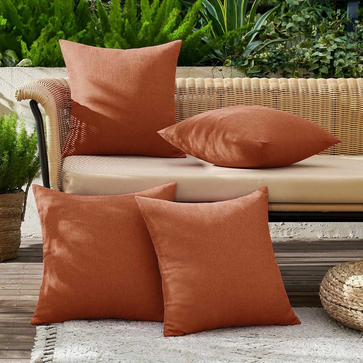 Fall Pack of 4 Decorative Rust Throw Pillow Covers Linen Waterproof Pillow Covers Outdoor Farmhouse Cushion Cases for Patio Garden Tent Balcony Couch Sofa 18X18 Inch