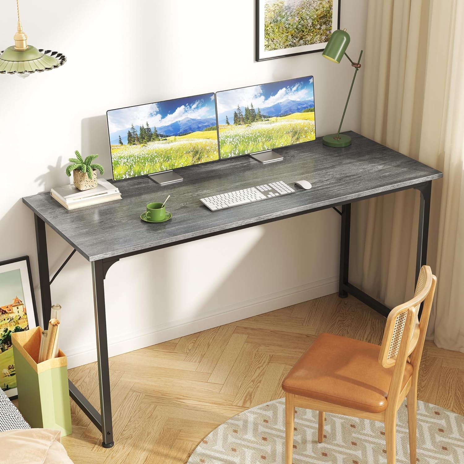 55-Inch Modern Home Office Desk with Sturdy Metal Frame and Ample Legroom for Gaming and Writing, Grey