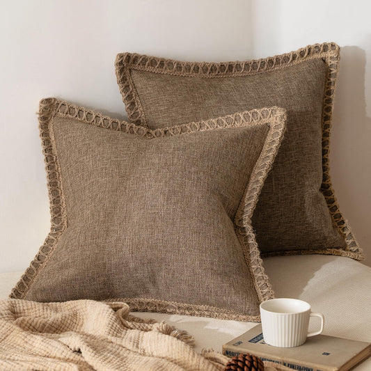 Pack of 2 Decorative Throw Pillow Covers Modern Farmhouse Outdoor Pillow Covers Neutral Linen Burlap Pillowcases Cushions for Couch Bed Living Room Sofa, Coffee 18 X 18 Inches 45 X 45 Cm