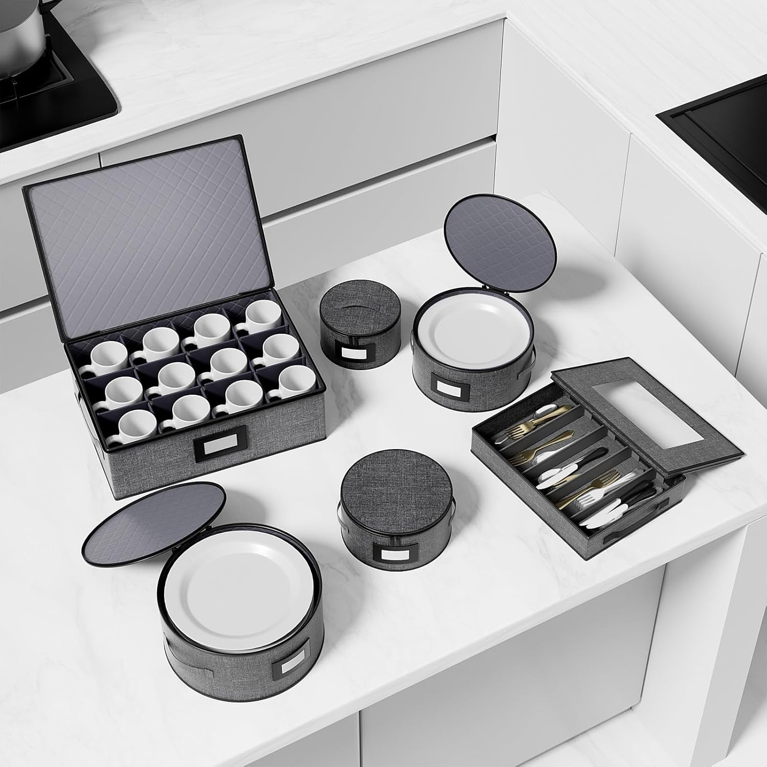 China Storage Containers - 6 Piece Set Hard Shell Box for Moving Dishes, Plate, Dinnerware, Mugs, Silverware, Saucers Quilted Organizer Dividers for Packing Fine, Grey