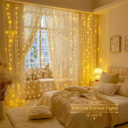 200 LED Curtain Lights Battery Operated & USB Plug In, 8 Modes Hanging String Lights Indoor with Remote, Warm White Twinkle Curtain Lights for Bedroom Backdrop Classroom Wedding Party Decor