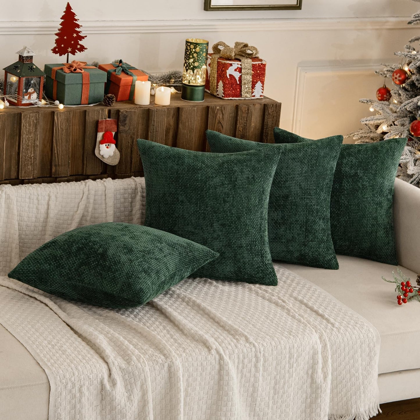 Christmas Green Pack of 4 Couch Throw Pillow Covers 18X18 Inch Soft Decorative Chenille Pillow Covers Farmhouse Accent Cushion Covers for Boho Home Decor Sofa Bedroom Living Room