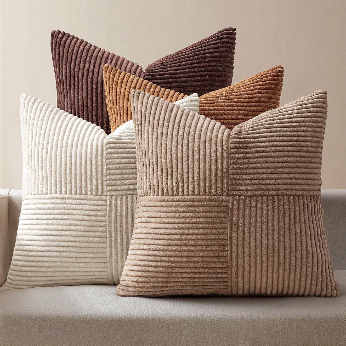 Brown Throw Pillow Covers 18X18 Inch Set of 4 Boho Farmhouse Cushion Cases Neutral Gradient Corduroy Pillow Cases with Invisible Zipper Patchwork Home Decor for Couch Sofa Bed