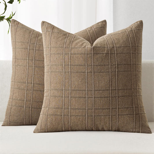 Decorative Linen Check Throw Pillow Covers Neutral Farmhouse Vintage Fall Pillow Covers 18X18 Inch Set of 2 Boho Modern Home Decor for Sofa Couch Bedroom Cushion Chair Light Brown