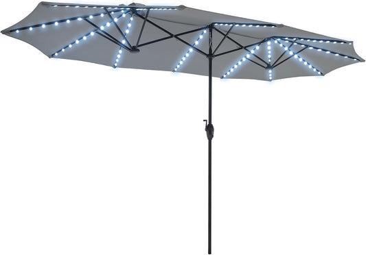 13-Foot Double-Sided Outdoor Patio Umbrella with Solar Lighting, Fade-Resistant Canopy, 12 Durable Ribs, for Deck, Pool, Porch, and Market Use