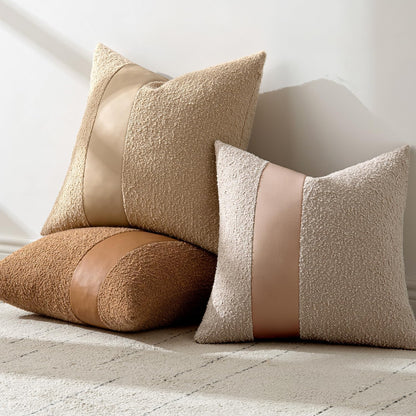 Boucle Throw Pillow Covers 18X18 Inch Set of 2 Khaki Faux Leather Textured Decorative Pillow Cases Boho Farmhouse Accents Cushion Covers for Couch Bed Livingroom Home Decor