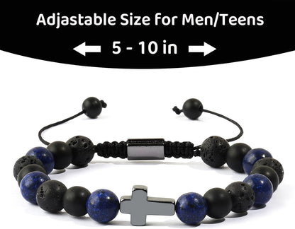 Cross Communion Beads Bracelets Gifts for Teenage Boys, Christian Baptism Lapis Lazuli Bracelets Gifts for Grandson Son Brother Cousin Teens Friends