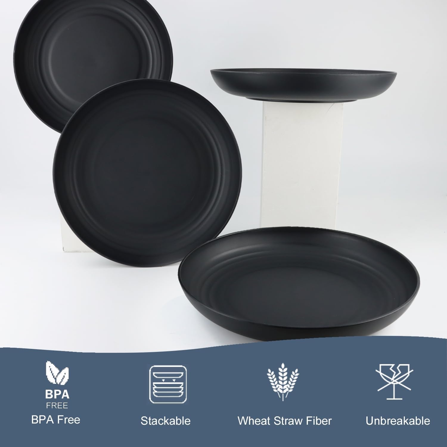 Set of 12 Deep Dinner Plates - Eco-Friendly Wheat Straw, Microwave & Dishwasher Safe, Unbreakable Design for Children (Black, 10 Inch)