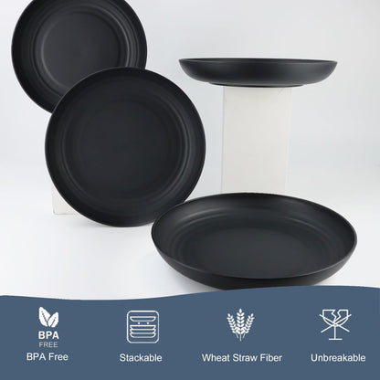 Set of 12 Deep Dinner Plates - Eco-Friendly Wheat Straw, Microwave & Dishwasher Safe, Unbreakable Design for Children (Black, 10 Inch)