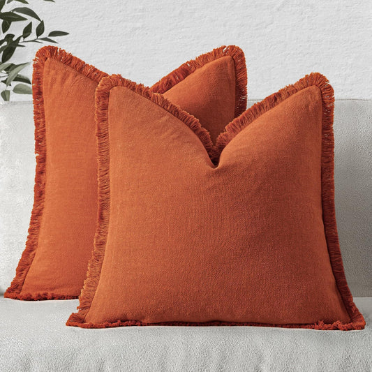 Fall Decorative Throw Pillow Covers Neutral Linen Fringe Throw Pillows Set of 2 Burnt Orange Boho Farmhouse Cushion Covers with Tassels for Couch Sofa Bed Living Room Home Decor 18X18 Inch