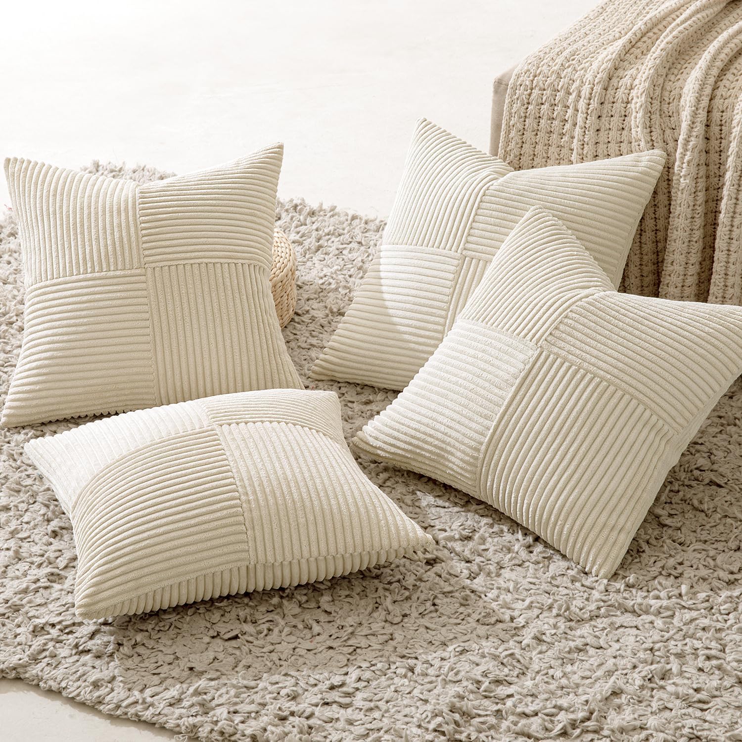 Beige Throw Pillow Covers 16X16 Inch Set of 4 Boho Patchwork Cushion Cases Modern Farmhouse Pillow Cases with Invisible Zipper Corduroy Striped Home Decor for Couch Sofa Bedroom