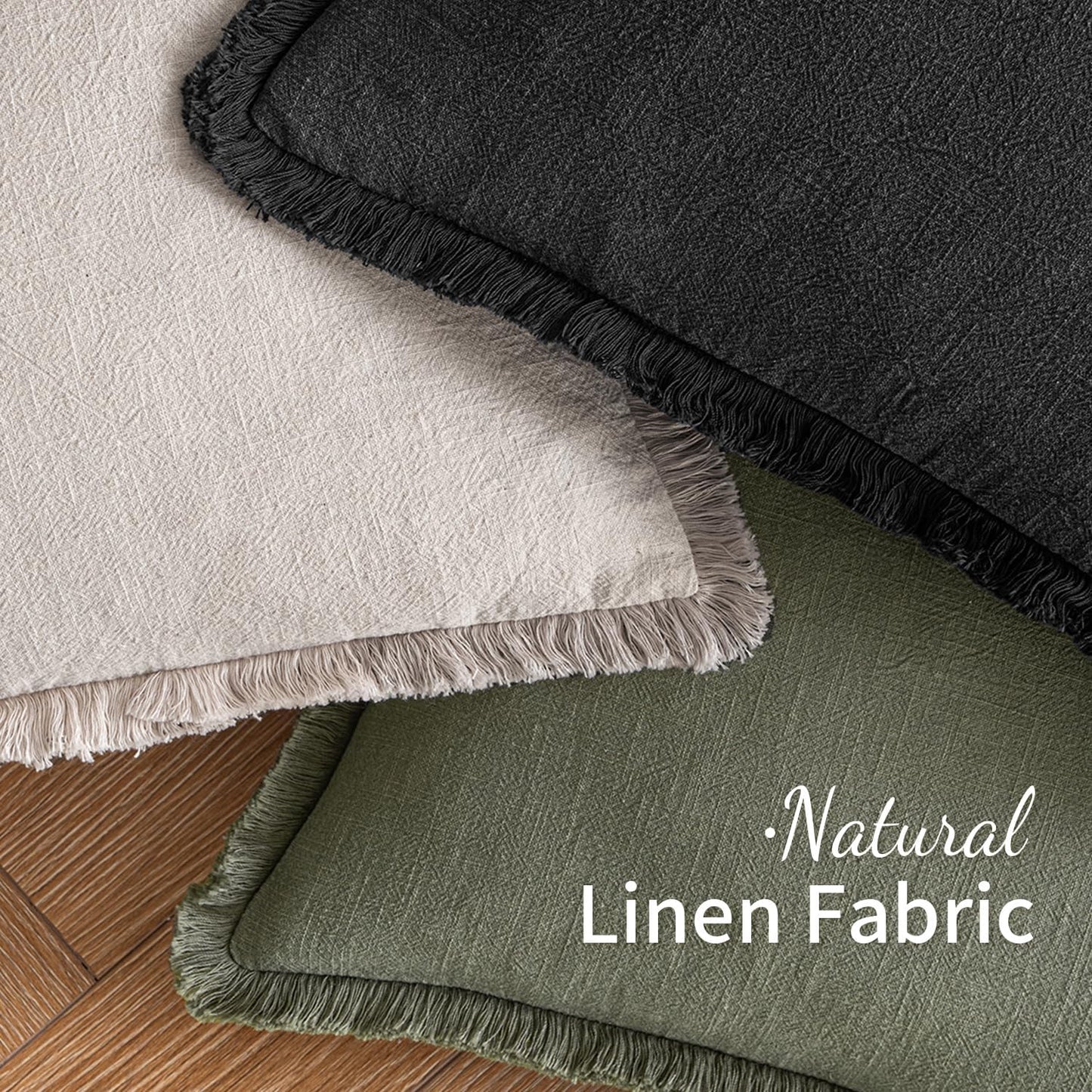 Decorative Throw Pillow Covers Neutral Linen Fringe Throw Pillows Set of 2 Black Boho Farmhouse Cushion Covers with Tassels for Couch Sofa Bed Living Room Spring Home Decor 18X18 Inch