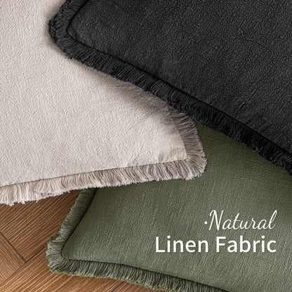 Decorative Throw Pillow Covers Neutral Linen Fringe Throw Pillows Set of 2 Black Boho Farmhouse Cushion Covers with Tassels for Couch Sofa Bed Living Room Spring Home Decor 18X18 Inch