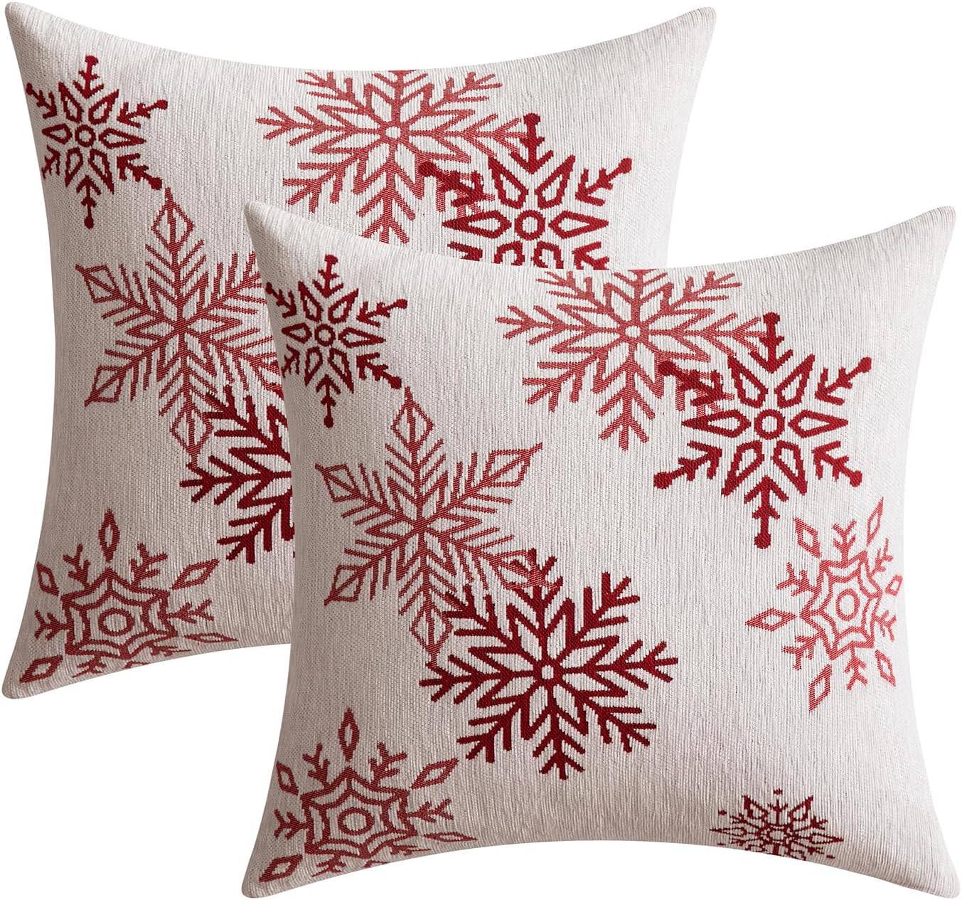 Christmas 2 Pack White and Red Chenille Throw Pillow Covers Soft Pillow Cases with Snowflake Embroidery Morden for Holiday Decoration Sofa Couch Bedroom Home Decor,18X18 Inch