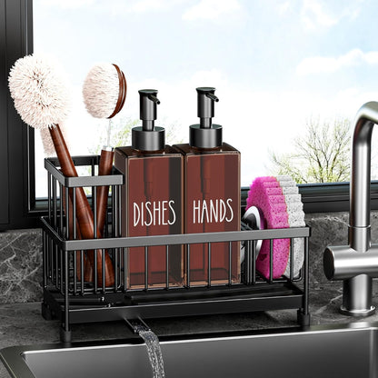 Dish Soap Dispenser, 12 Fl Oz Dual Kitchen Soap Dispensers with Sponge Holder, Plastic Pump Amber Glass Bottle Kitchen Soap Dispenser Set, Modern Hand and Dish Soap Bottle Set Removable