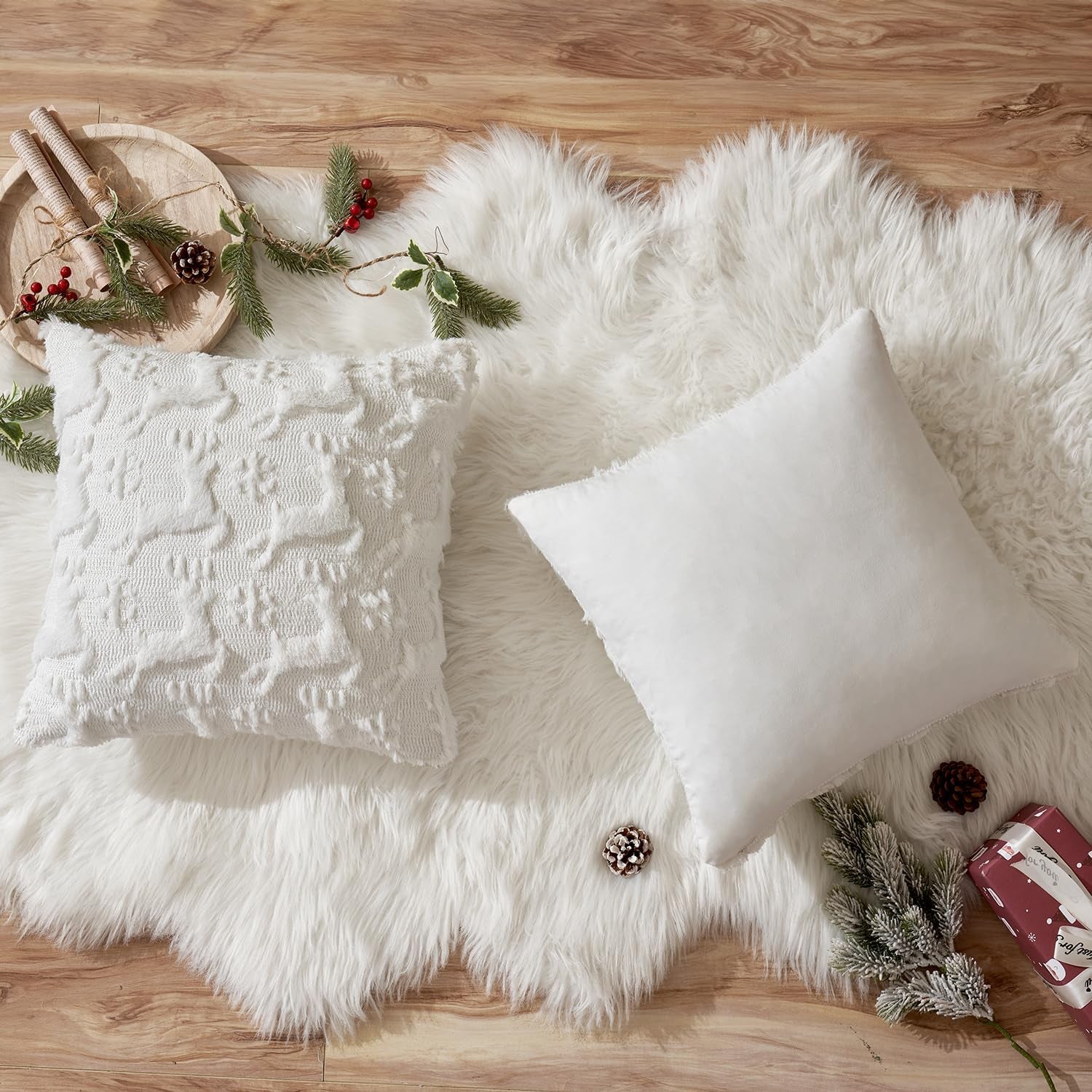 Christmas Reindeer and Snowflakes Pillow Covers 18X18 Inch Pure White Throw Pillows Set of 2 Decorative Festival Soft Fluffy Winter Pillow Covers for Home Decors Couch Sofa Livingroom Bed