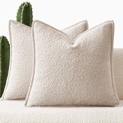 Pack of 2 Decorative Textured Boucle Throw Pillow Covers 18X18 Inch Natural Beige Broadside Thick Boho Pillows for Farmhouse Accents Sofa Couch Bedroom Living Room Home Decor