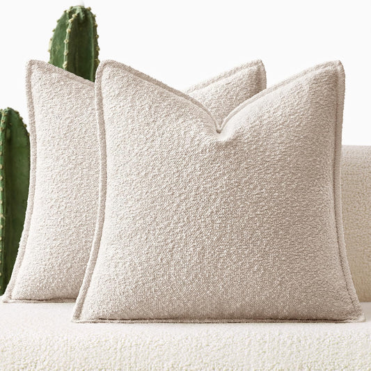 Pack of 2 Decorative Textured Boucle Throw Pillow Covers 18X18 Inch Natural Beige Broadside Thick Boho Pillows for Farmhouse Accents Sofa Couch Bedroom Living Room Home Decor
