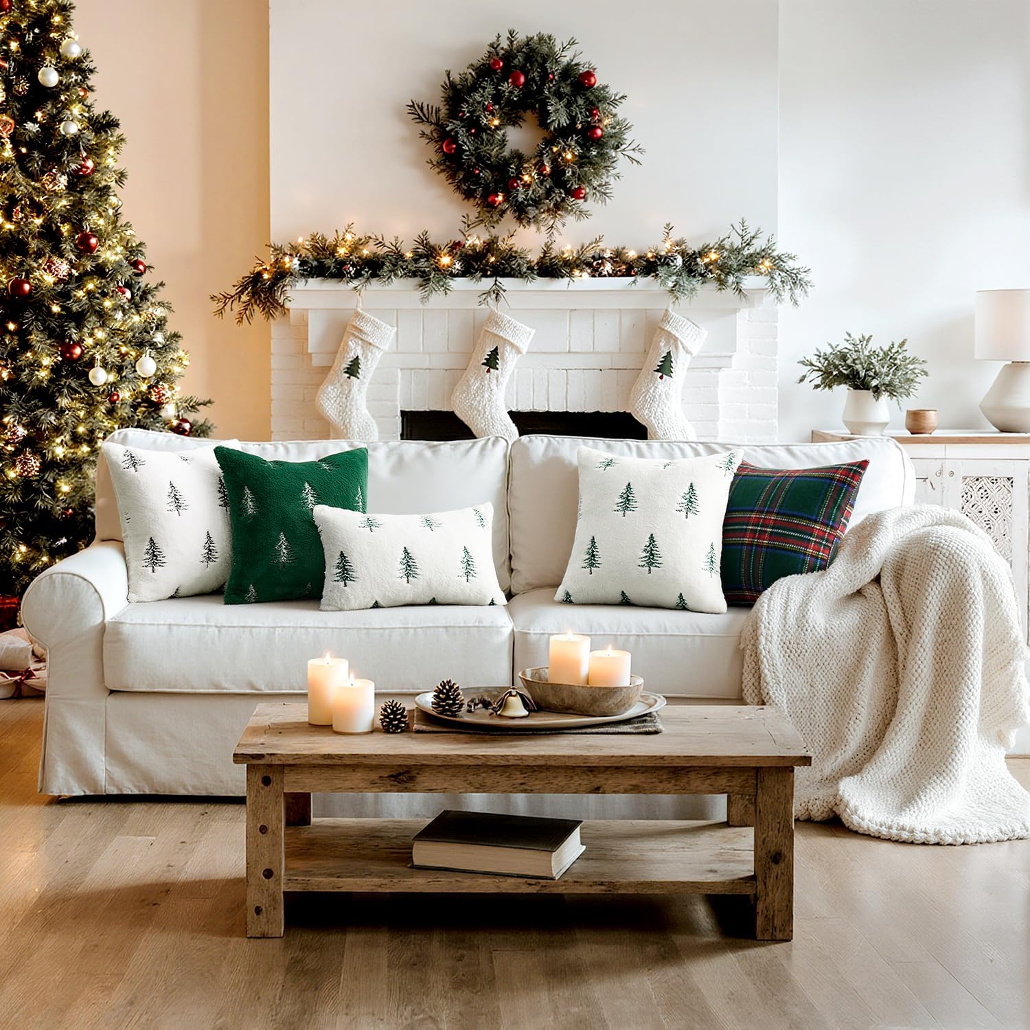 Christmas Decorative Pillow Covers Set of 2 Faux Fur Throw Pillows with Embroidered Christmas Tree 18X18 Inch White Black Winter Couch Covers for Festival Sofa Bedroom Living Room Home Decor