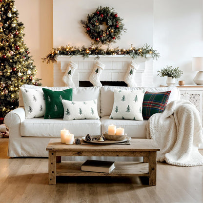 Christmas Decorative Pillow Covers Set of 2 Faux Fur Throw Pillows with Embroidered Christmas Tree 18X18 Inch White Black Winter Couch Covers for Festival Sofa Bedroom Living Room Home Decor