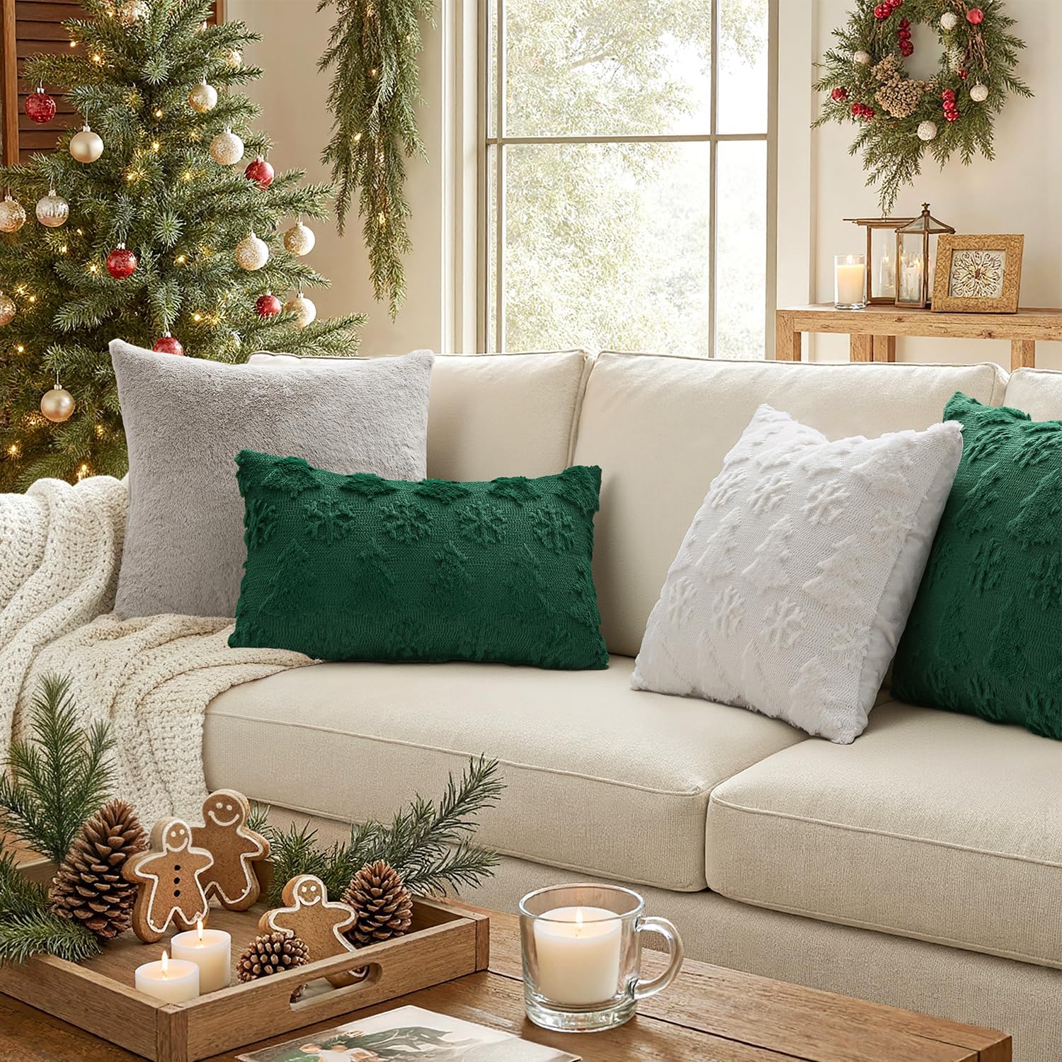 Christmas Throw Pillow Covers 18X18 Set of 2 Christmas Decorations Pure White Soft Plush Faux Fur Wool Xmas Tree Snowflakes Pillowcases Holiday Festivals Winter Home Decor Sofa Couch Bed Porch