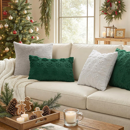 Christmas Throw Pillow Covers 18X18 Set of 2 Christmas Decorations Pure White Soft Plush Faux Fur Wool Xmas Tree Snowflakes Pillowcases Holiday Festivals Winter Home Decor Sofa Couch Bed Porch